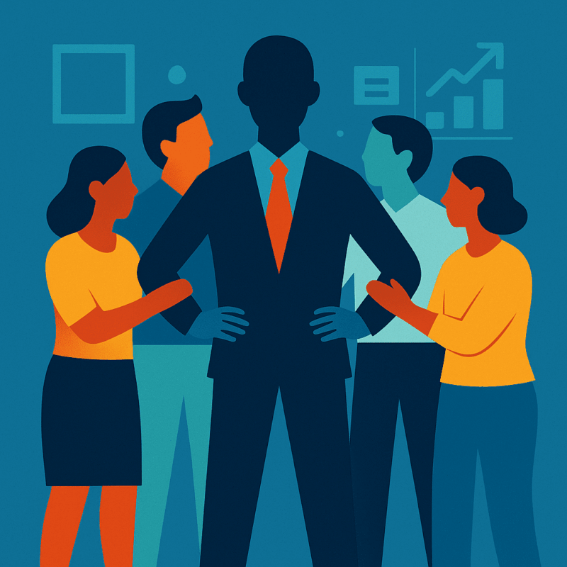 Multi-colored depiction of team supporting a leader