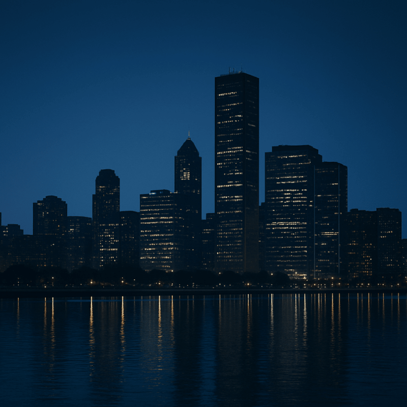 Waterfront city skyline at night