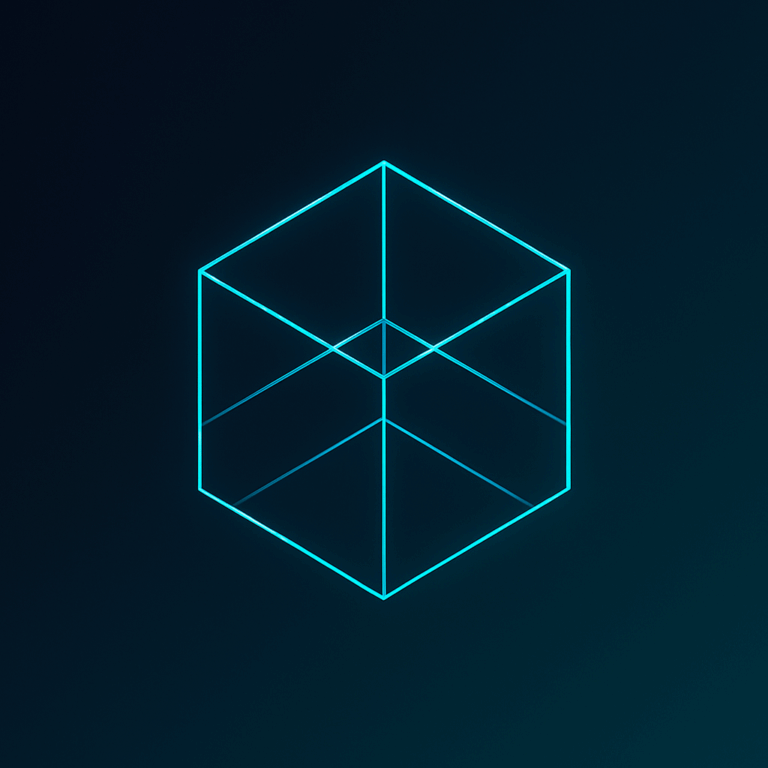 Transparent cube with blue border against black background