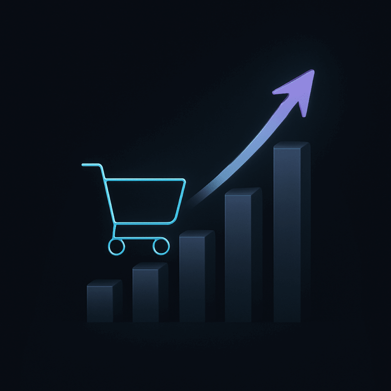 Shopping cart moving up increasing bar chart